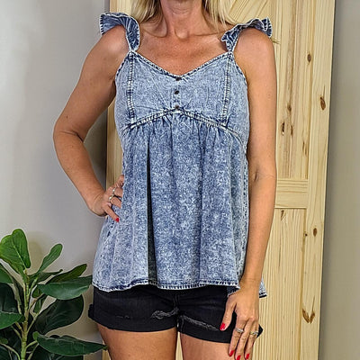 Washed Chambray Flutter Sleeve Smocked Top