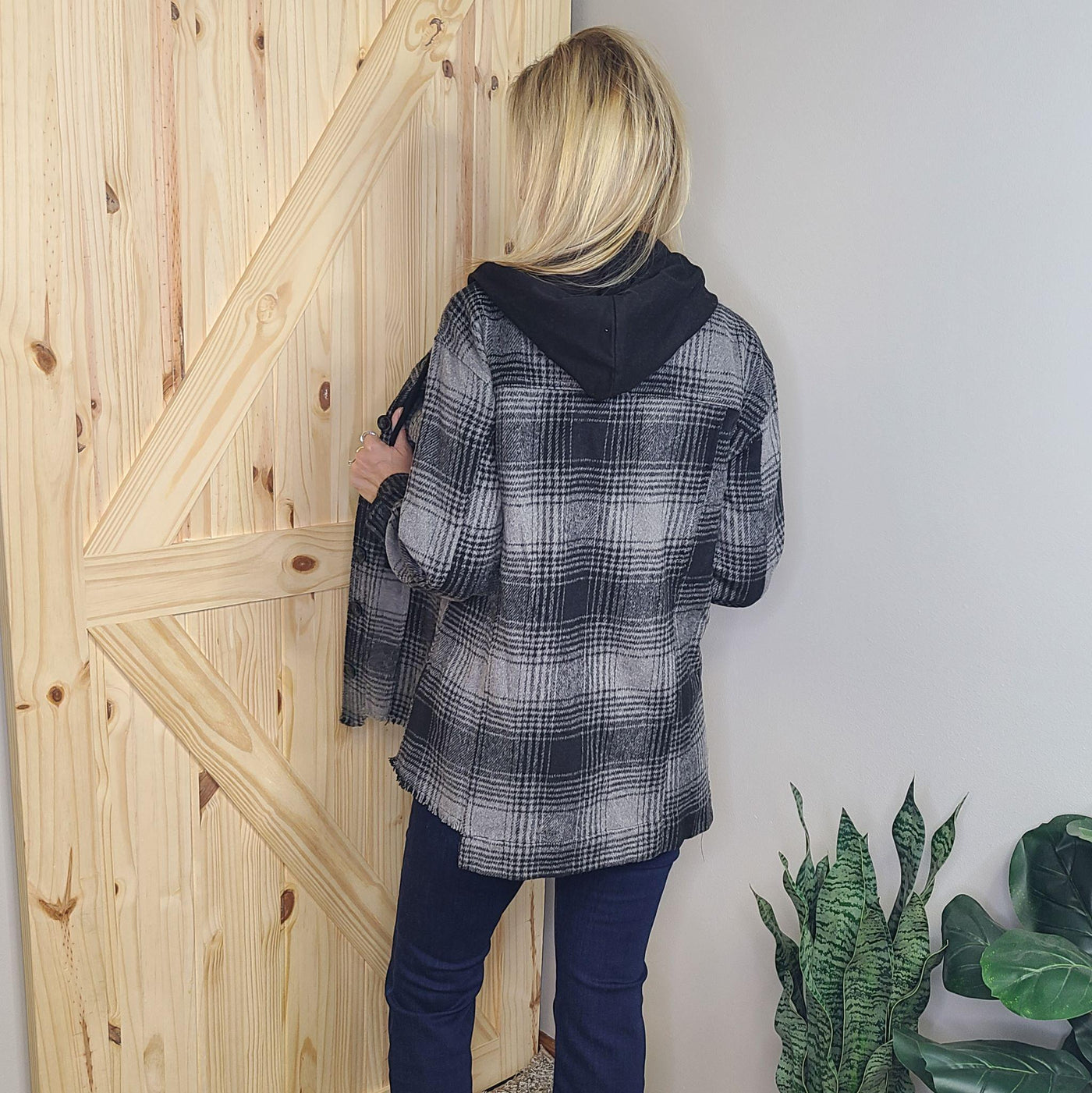 Unbalanced Raw Hem Plaid Shirt Jacket w/ Hood