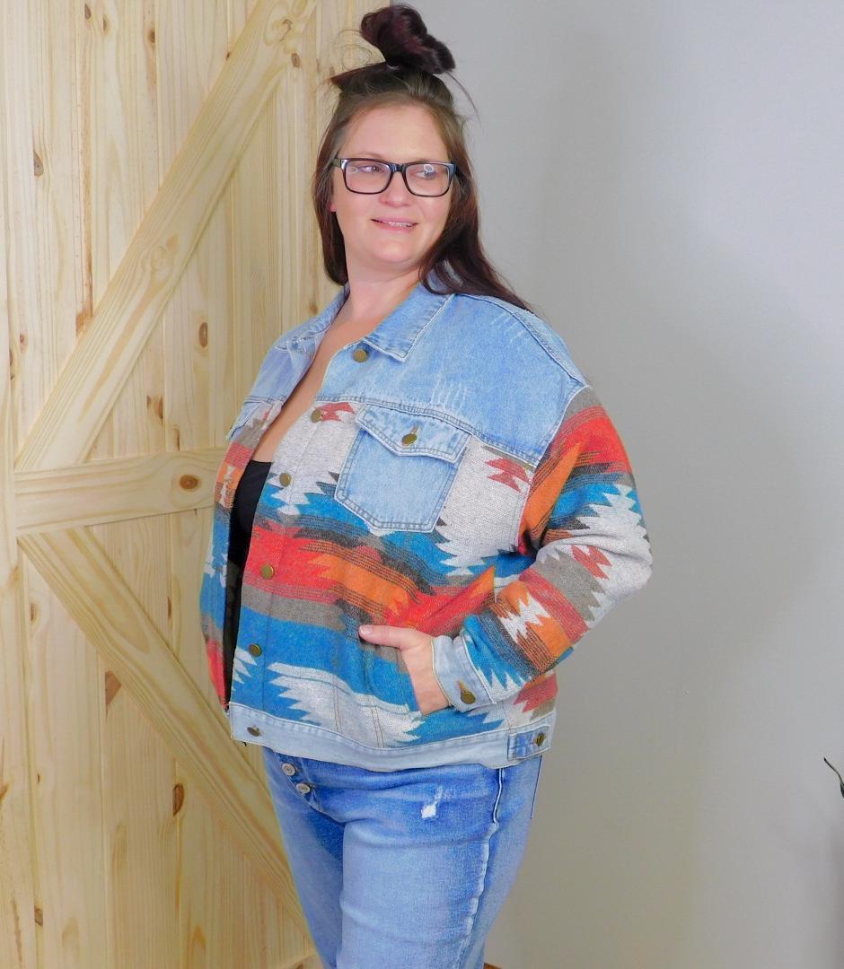 Button Up Jacket w/ Aztec Print Contrast