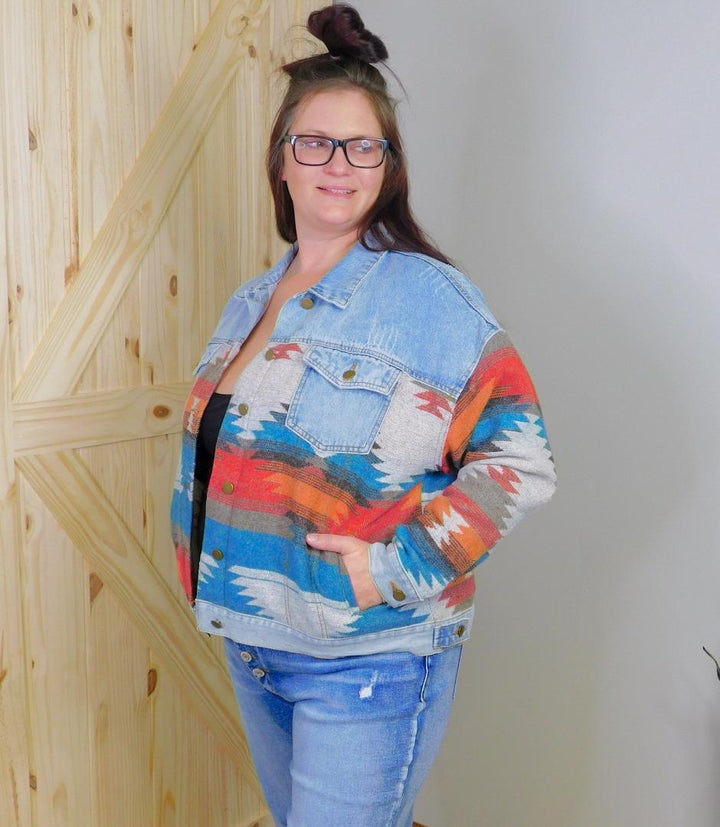 Button Up Jacket w/ Aztec Print Contrast