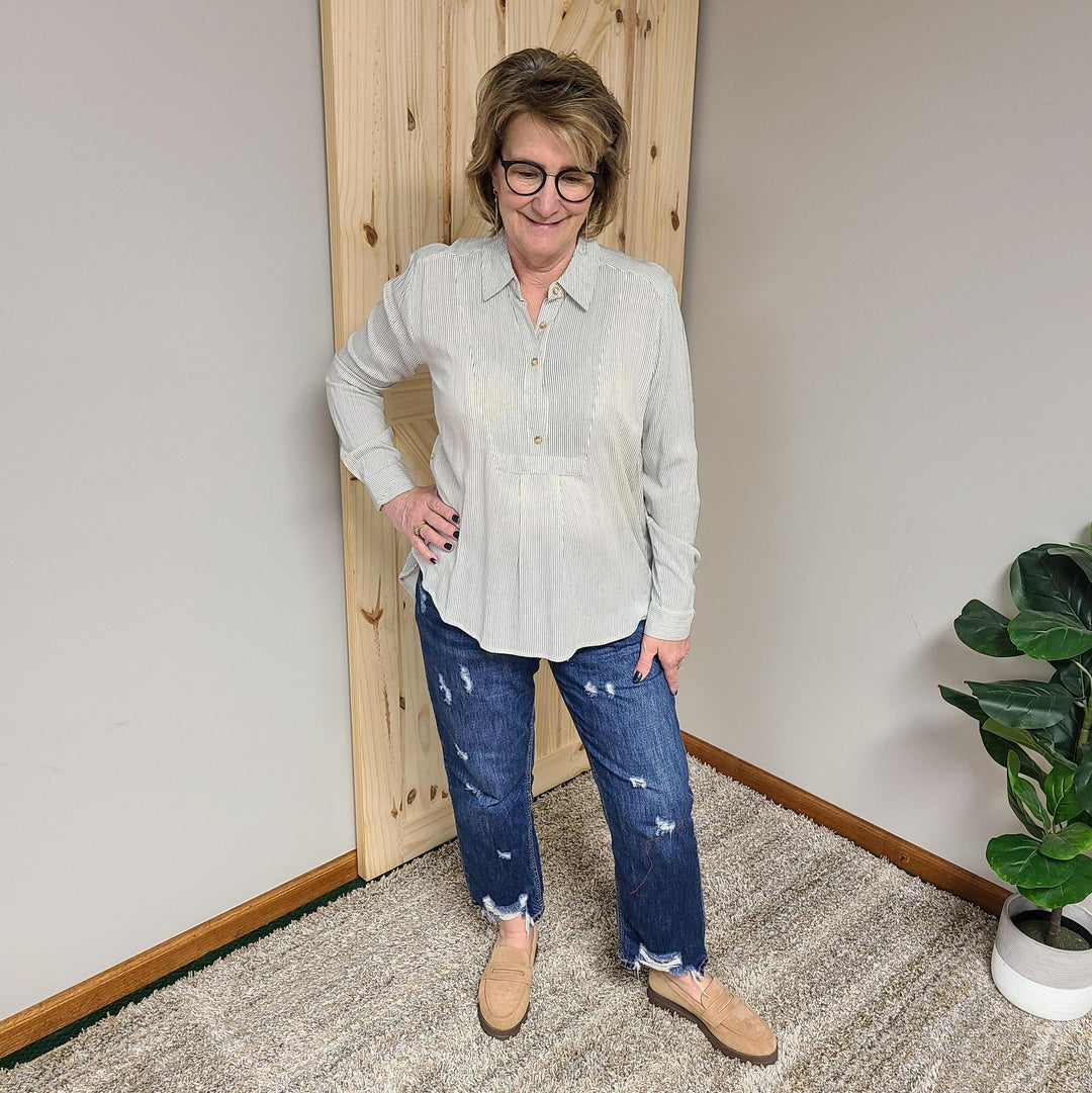 Half Button Down Striped Top
