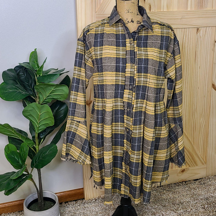 Bell Sleeves Plaid  Button Down Tunic