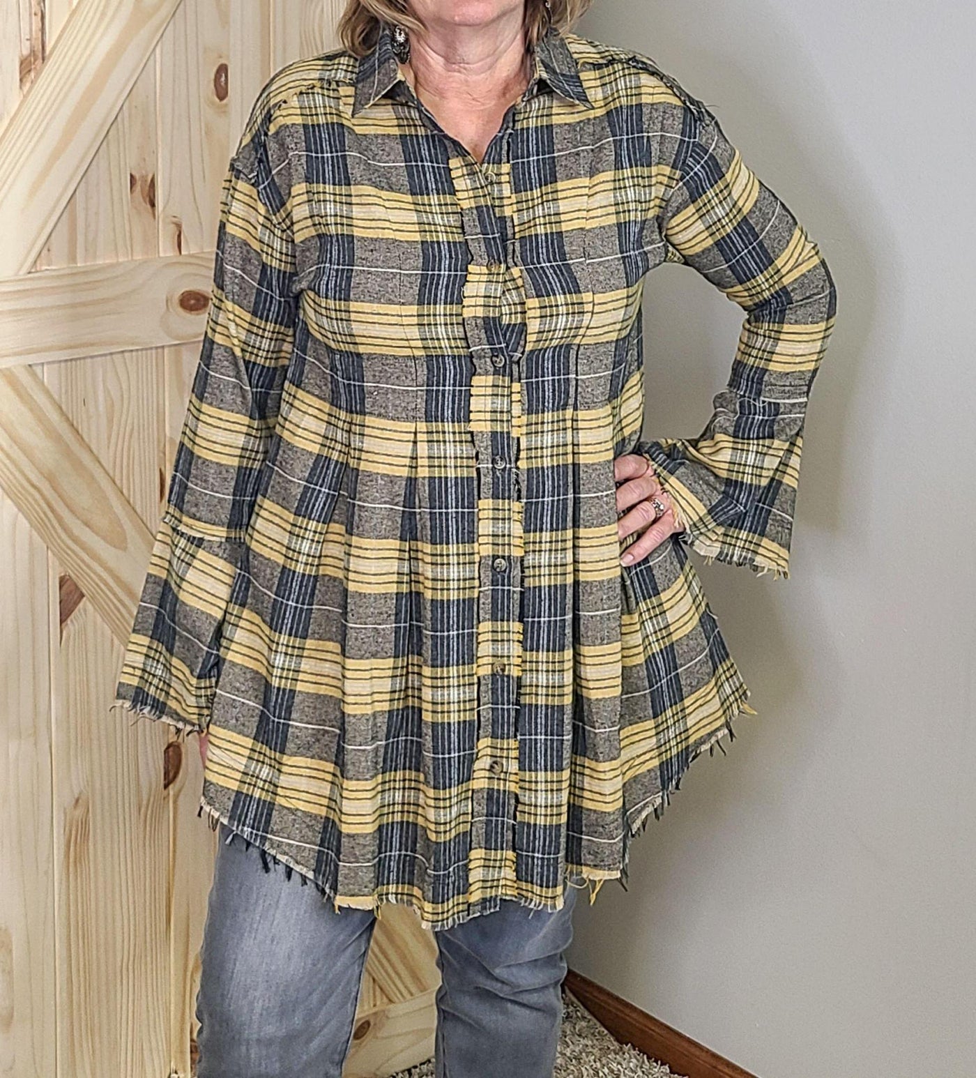 Bell Sleeves Plaid  Button Down Tunic