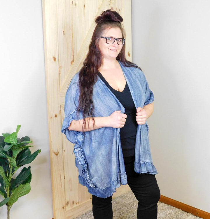 Washed Denim Ruffled Cardigan