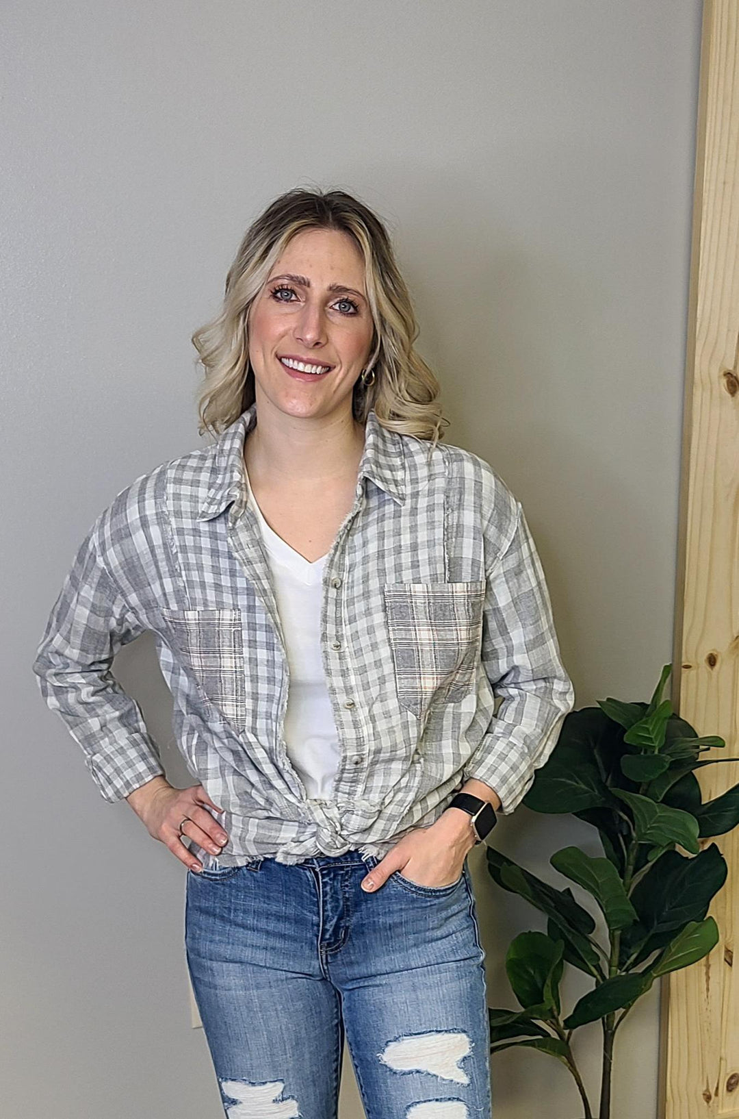 Mixed Checker Print Oversize Button Down