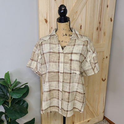 Plaid Pattern Short Sleeve Linen Looking Shirt