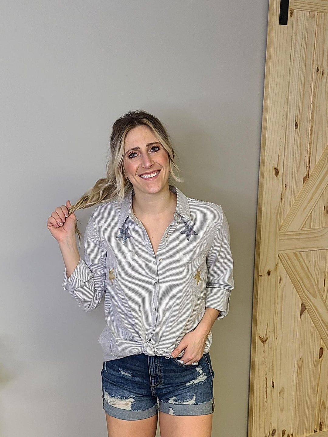 Star Embroidered Tie Front Stripe Shirt