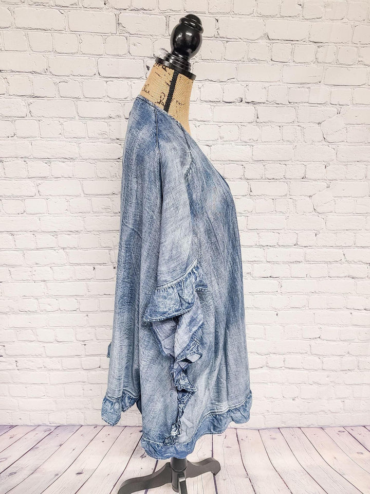 Washed Denim Ruffled Cardigan