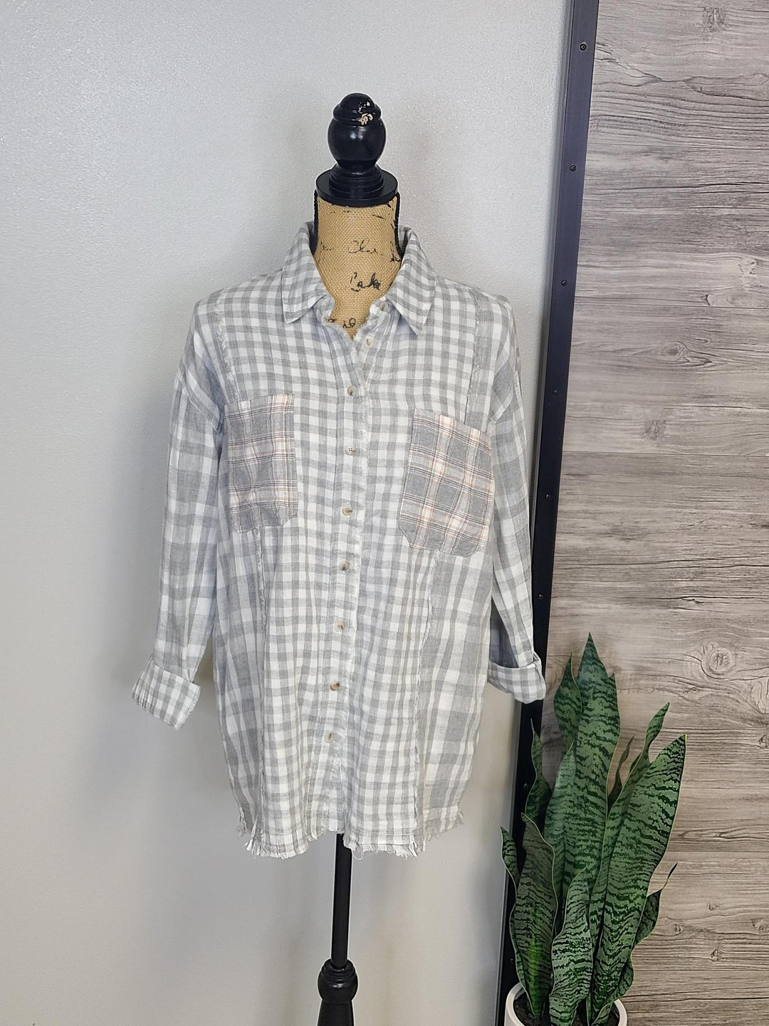 Mixed Checker Print Oversize Button Down