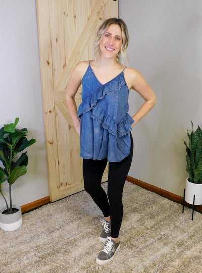 Washed Cambray Tank w/ Casual Ruffle