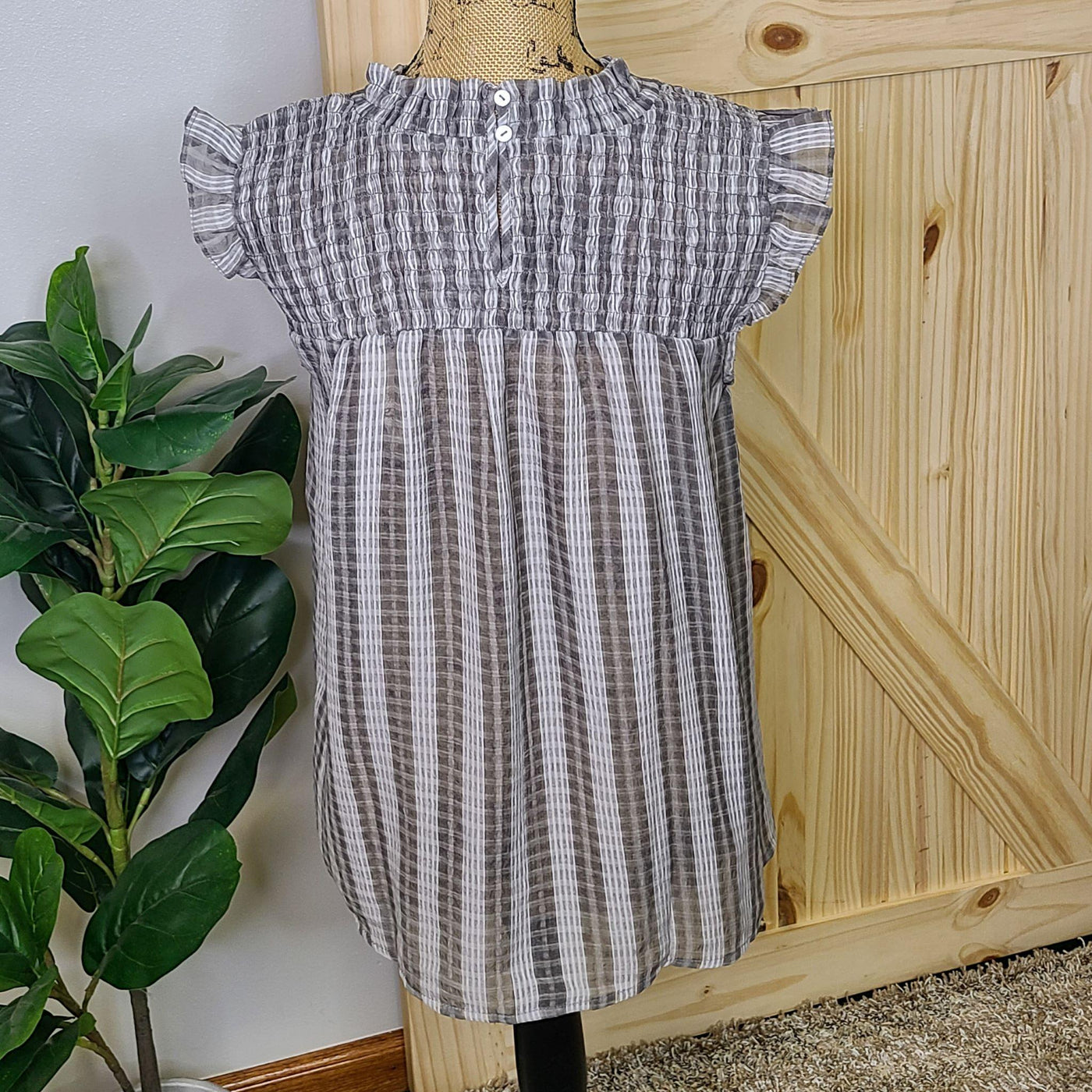 Plaid Smocked Top w/ Ruffled Shoulders