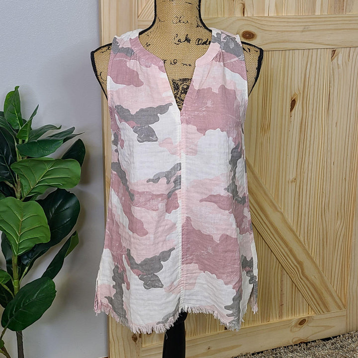 Split Neck Sleeveless Camo Top