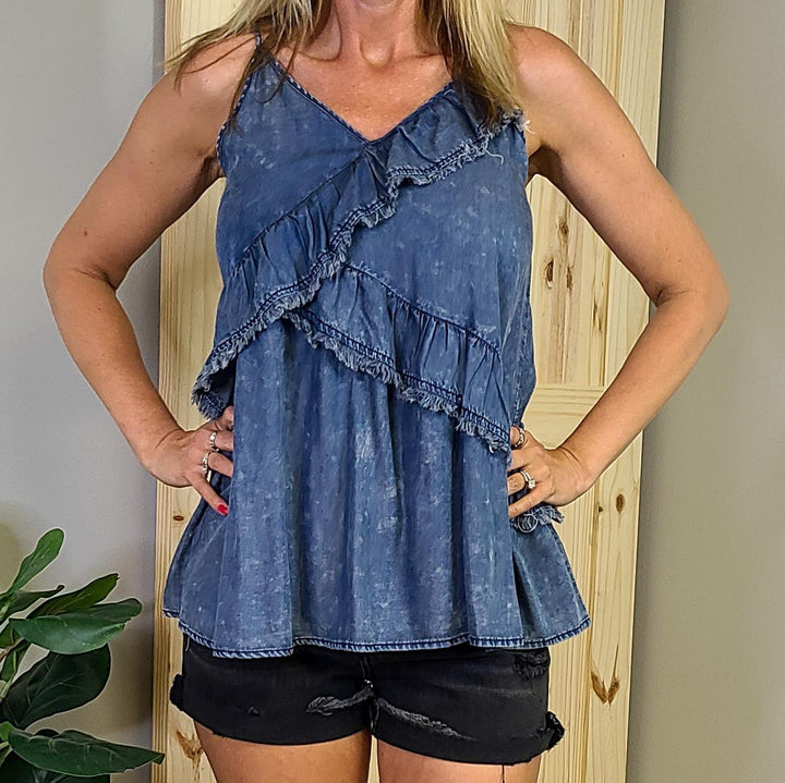 Washed Cambray Tank w/ Casual Ruffle