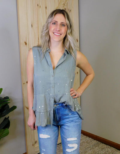 Paint Speckled Sleeveless Peplum Top