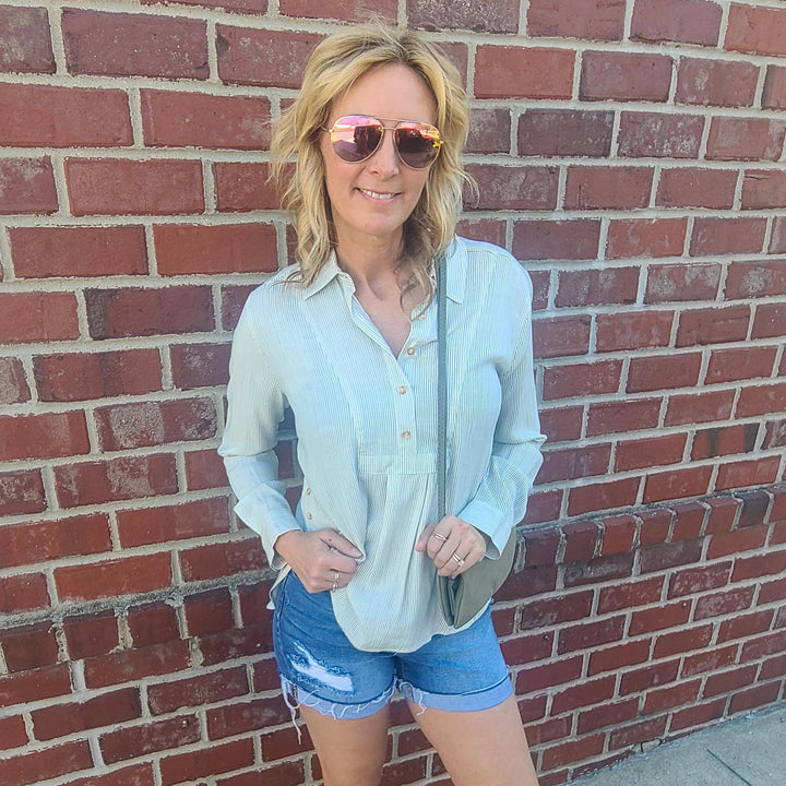 Half Button Down Striped Top