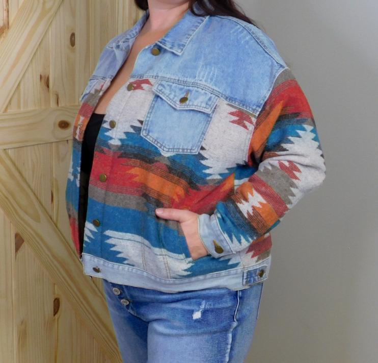 Button Up Jacket w/ Aztec Print Contrast
