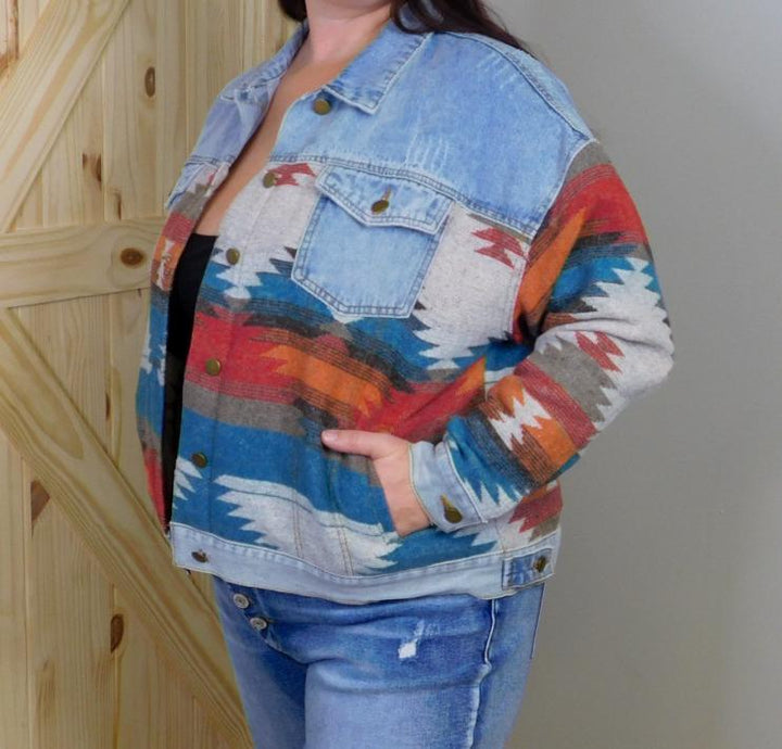 Button Up Jacket w/ Aztec Print Contrast