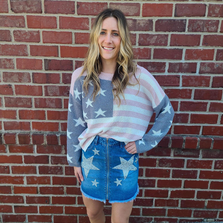 Denim Skirt w/ Front Zipper & Star Detail
