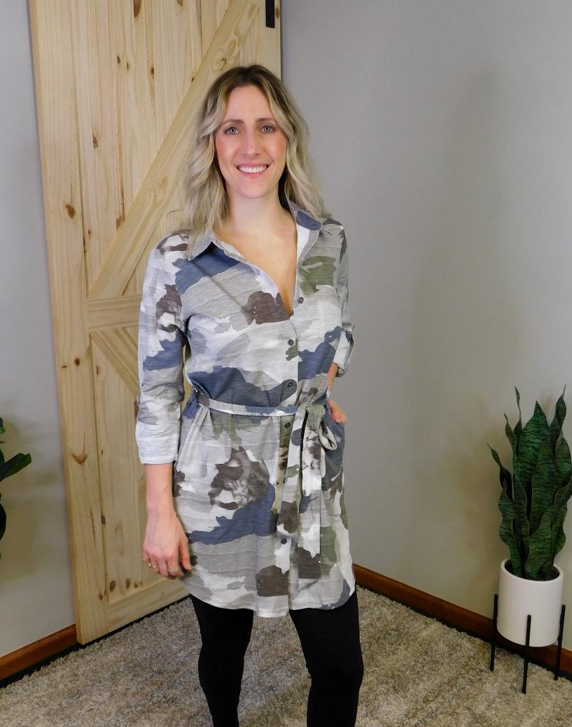 Textured Camo Print Shirt Dress
