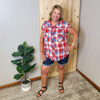 Sleeveless Button Down Plaid