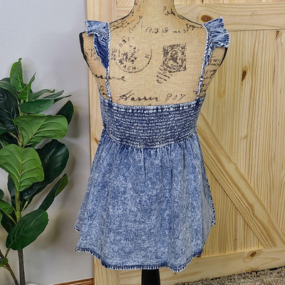 Washed Chambray Flutter Sleeve Smocked Top
