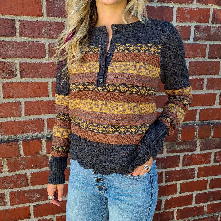 Fair Isle Mix Henley Sweater Top