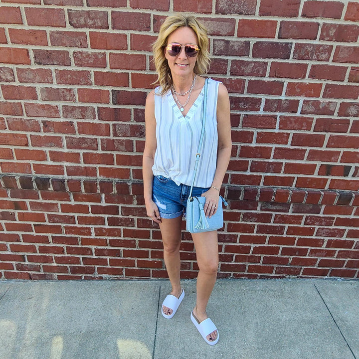 Woven Stripe Sleeveless V-Neck Top