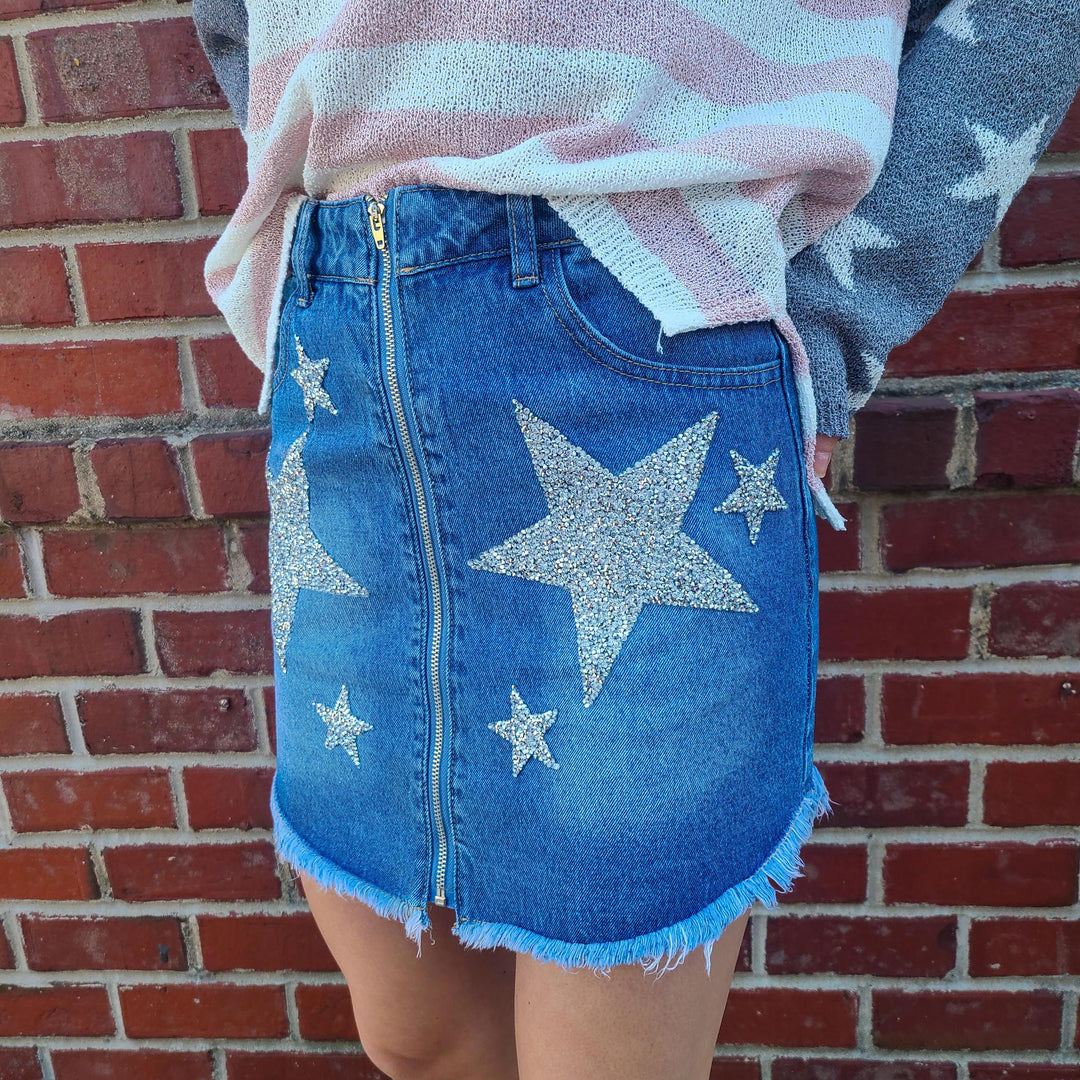 Denim Skirt w/ Front Zipper & Star Detail