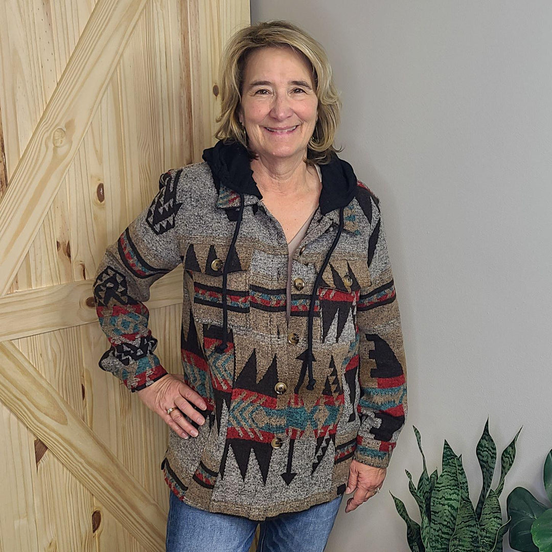 Aztec Print Raw Hem Shirt Jacket