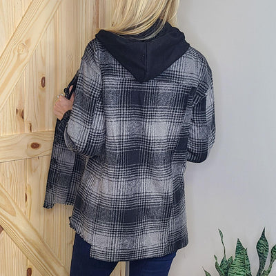 Unbalanced Raw Hem Plaid Shirt Jacket w/ Hood
