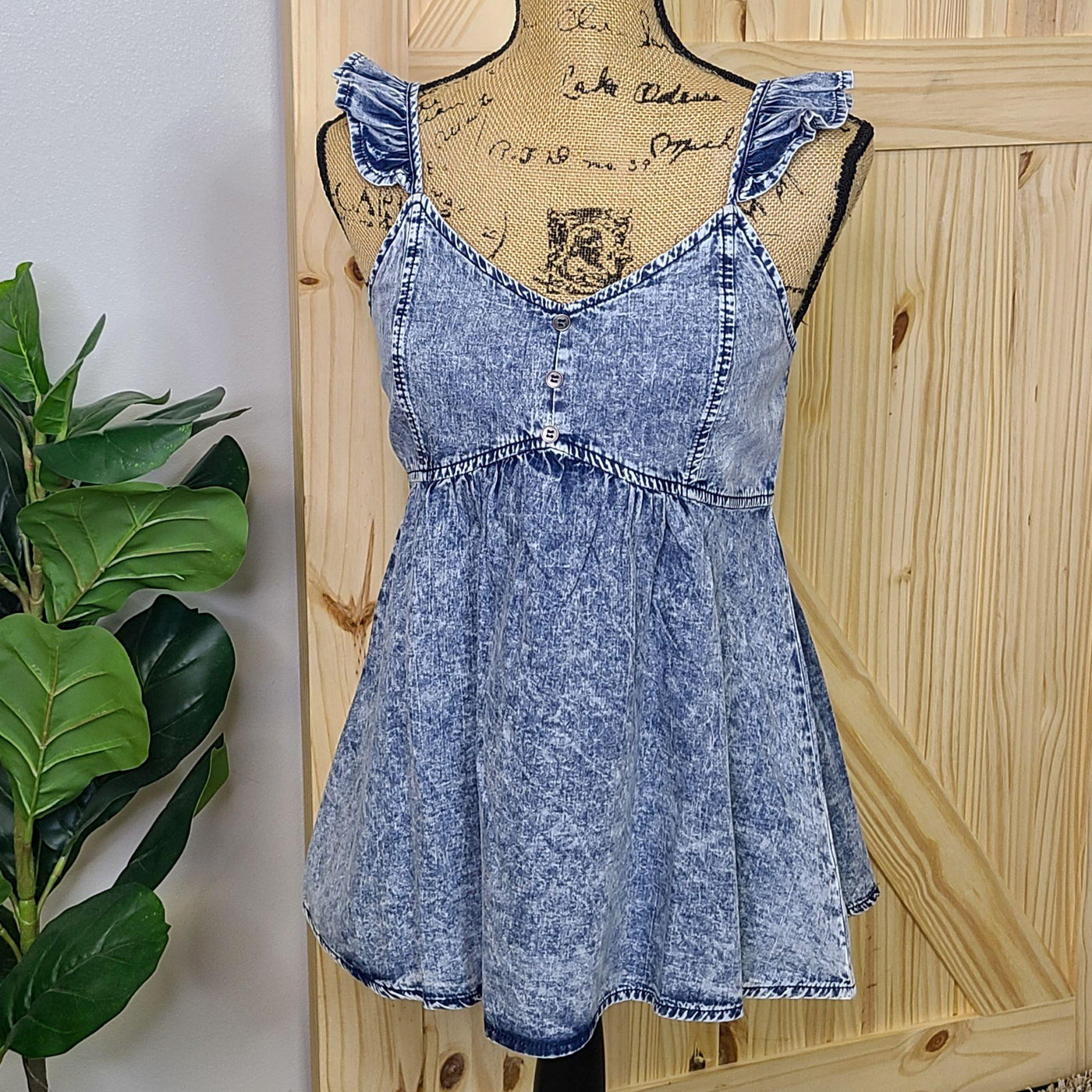 Washed Chambray Flutter Sleeve Smocked Top