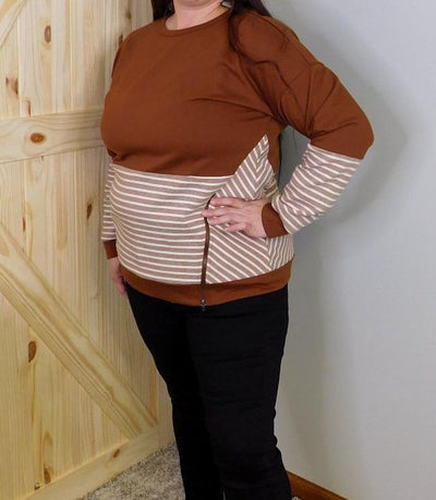 Striped Mixed Pullover w/ Zipper