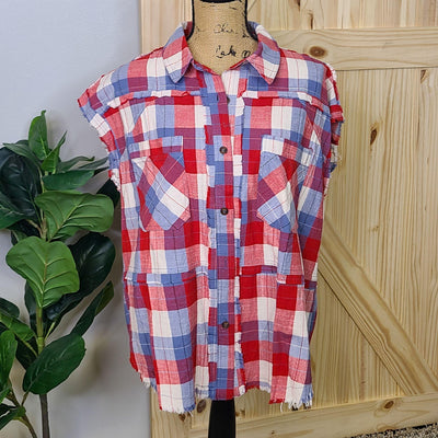 Sleeveless Button Down Plaid