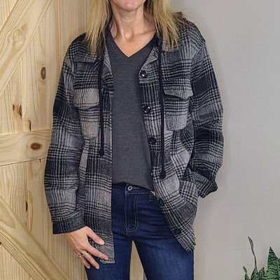 Unbalanced Raw Hem Plaid Shirt Jacket w/ Hood