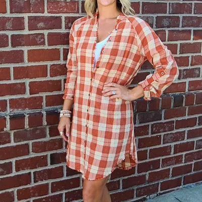 Fray Bottom Washed Plaid Shirt Dress
