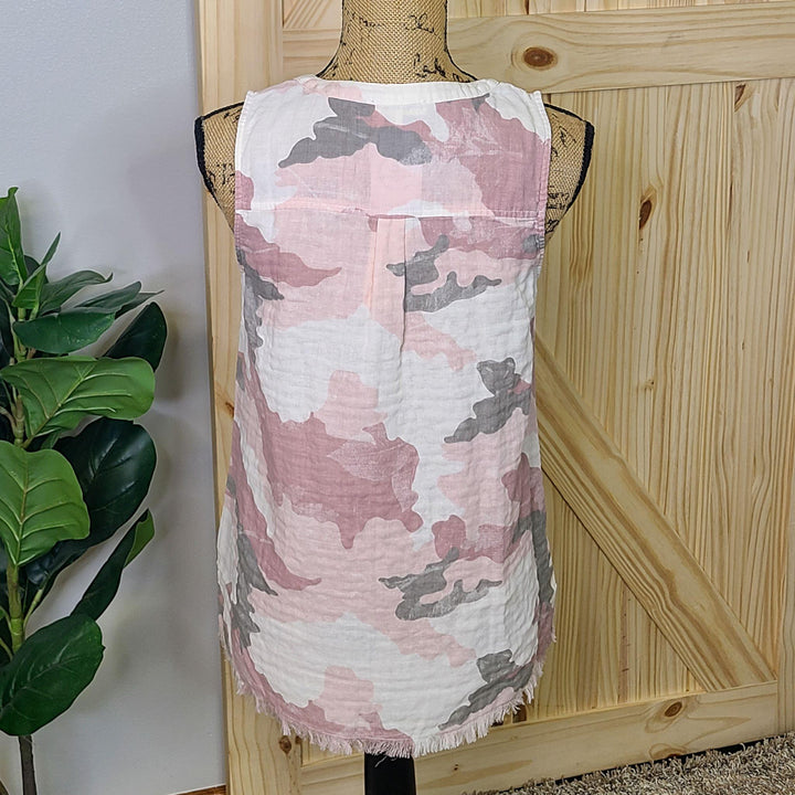 Split Neck Sleeveless Camo Top