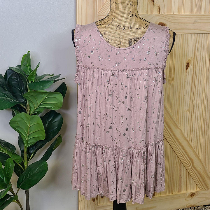 Foil Printed Raw Edged Ruffle Detail Top