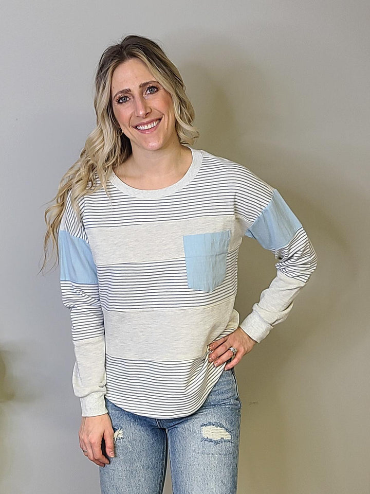 Denim Contrast Mixed Stripe Pullover