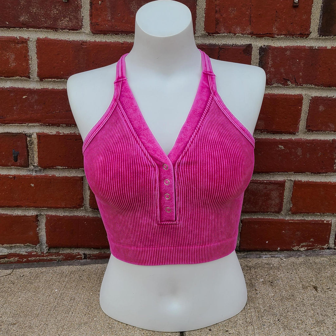 Washed Ribbed Cropped Button V-Neck Tank
