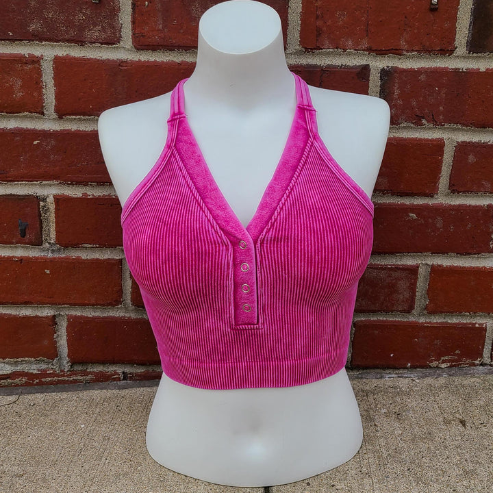 Washed Ribbed Cropped Button V-Neck Tank