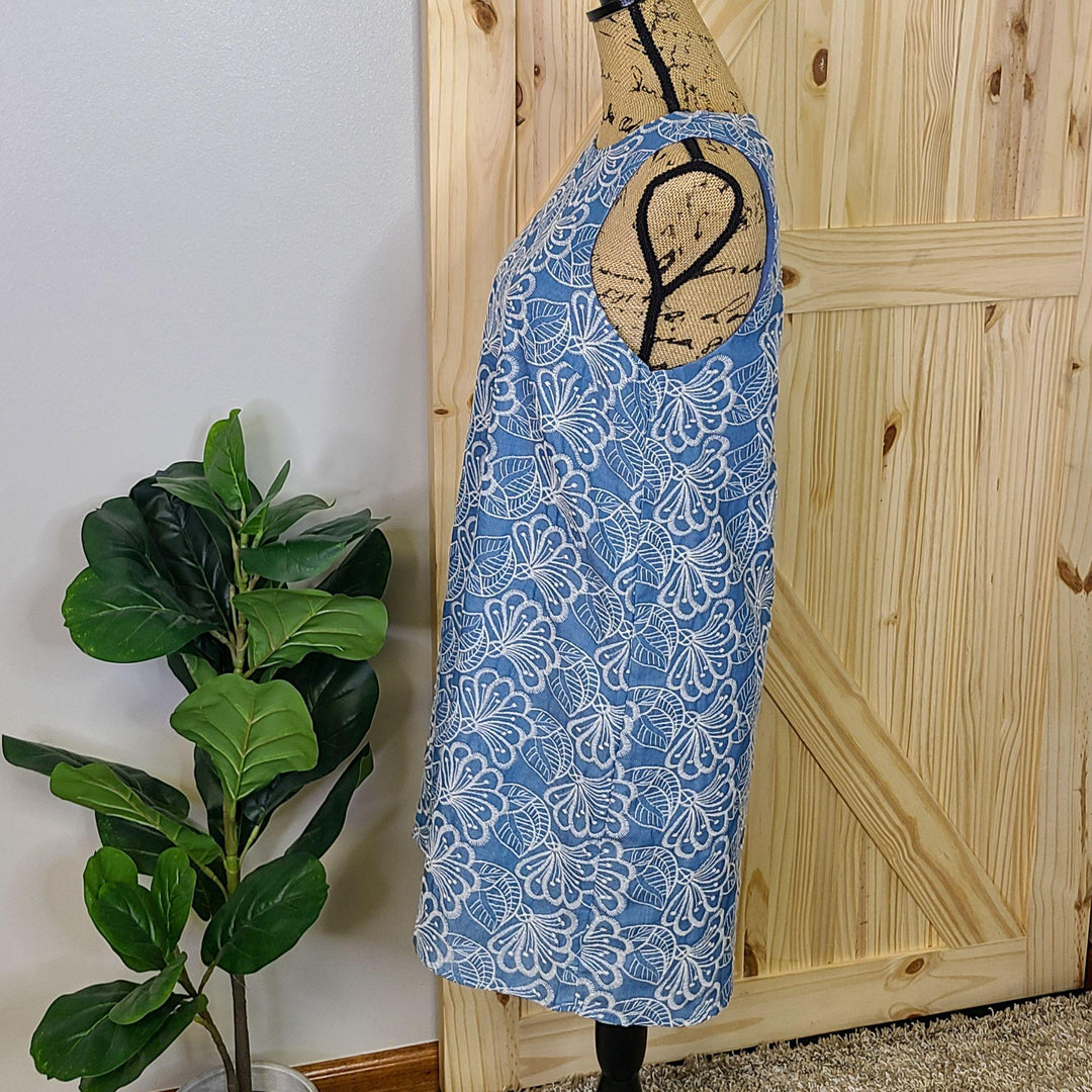Embroidered Chambray Tank Swing Mini Dress