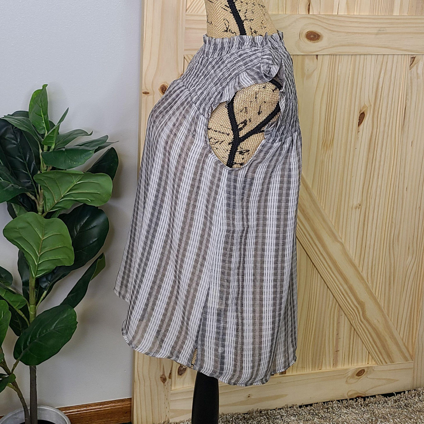 Plaid Smocked Top w/ Ruffled Shoulders