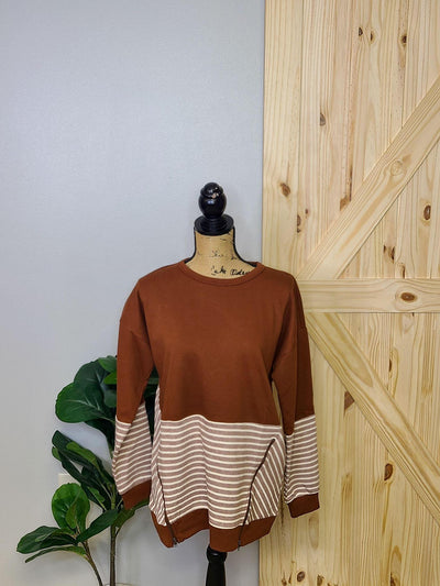 Striped Mixed Pullover w/ Zipper