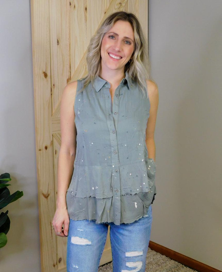 Paint Speckled Sleeveless Peplum Top