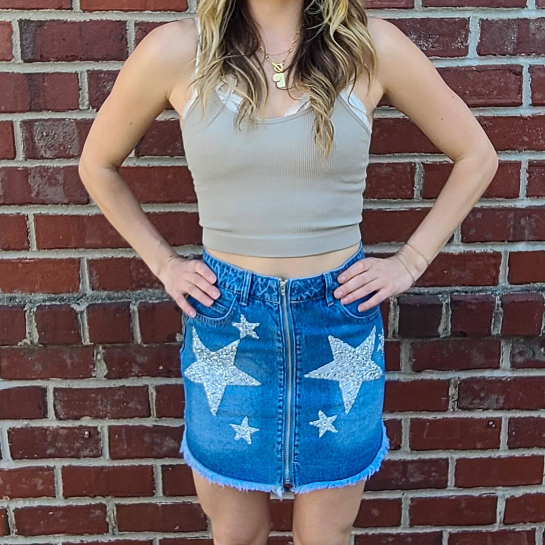 Denim Skirt w/ Front Zipper & Star Detail